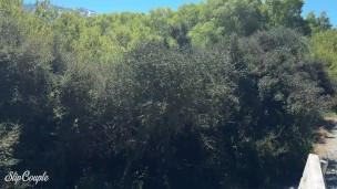 Public and risky, sloppy handjob on a bench during hiking