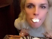 hot blonde milf licks cream on hot chocolate in front of everyone in the cafe 10/16