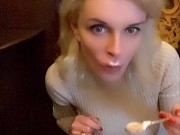 hot blonde milf licks cream on hot chocolate in front of everyone in the cafe 12/16