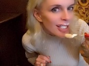 hot blonde milf licks cream on hot chocolate in front of everyone in the cafe