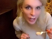 hot blonde milf licks cream on hot chocolate in front of everyone in the cafe 15/16