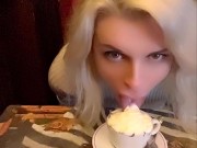 hot blonde milf licks cream on hot chocolate in front of everyone in the cafe 6/16