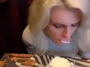 hot blonde milf licks cream on hot chocolate in front of everyone in the cafe 7/16