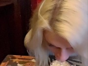 hot blonde milf licks cream on hot chocolate in front of everyone in the cafe 8/16