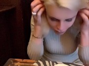 hot blonde milf licks cream on hot chocolate in front of everyone in the cafe 9/16