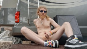 RV camper nudist cums outside and plays with feet