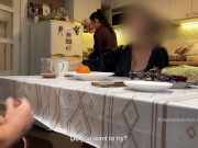 My husband jerking under a table front of my Stepmom and i right at the kitchen.