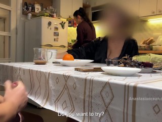My husband jerking under a table front of my Stepmom and i right at the kitchen.