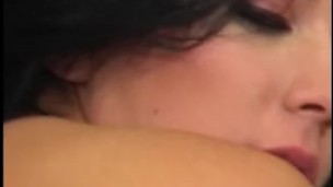 Brunette babe gets deep mouth and anal fuck on the sofa