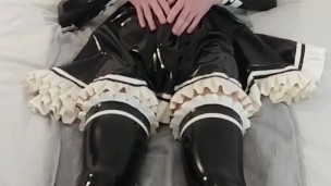 Cum in latex maid uniform dress, rubber skirt, stockings, mask and bow wetsuiterest