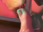 Crystal silicone cock inserted into semi transparent high fork swimsuit 6/16