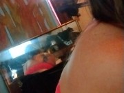 Smoking in neon pink lace bra and panties 3/16