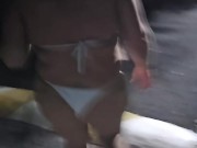 Bikini wearing BBW MILF walking and stripping 3/16