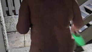 Bikini wearing BBW MILF walking and stripping