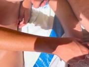 Teen couple on public beach and she touches his thin penis in front of strangers 11/16