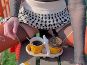 Naked drinking coffee in the park 10/16