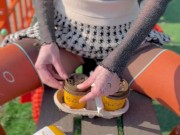 Naked drinking coffee in the park 12/16