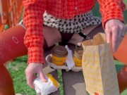 Naked drinking coffee in the park 2/16