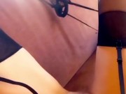 Hot blonde milf in a slutty schoolgirl costume touches her pussy and opens her legs wide 11/16