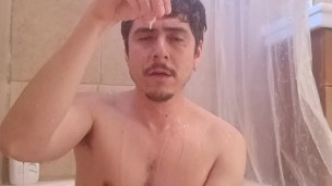 Handsome man explodes thick cum in the bathtube