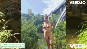 ISLAND JUNGLE TROPICAL PUBLIC OUTSIDE CAMPING SOLO FEMALE NAKED AND COSPLAY YELLOW DRESS