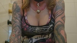 Sissy with caged clit rides a dildo