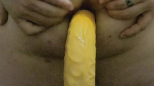 Chubby Guy Riding 13 Inch Dildo at Hotel