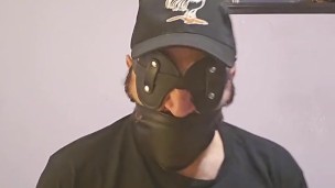 Buckling leather chin strap gag and blindfold