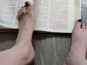 Using my long finger toes to flip through the pages of a Bible with my clean barefeet 14/16