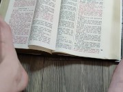 Using my long finger toes to flip through the pages of a Bible with my clean barefeet 15/16