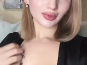 Margo licks her own breasts, babe in black lingerie. 2/16