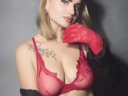 She is ready to take off her red lingerie to show you her big boobs.
