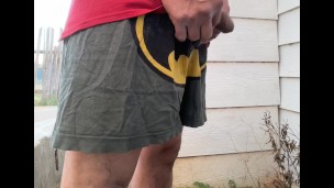 Desperate after piss outside close to neighbors wearing silky lounge shorts