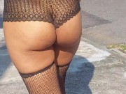 Sexy walking on the street with transparent haul 9/16