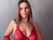 Brunette with big breasts in red lingerie showcases her body 5/16