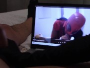 Handjob in gloves, while i'm watching one of my wife vids, with cumshot