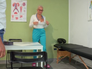 MILF Nurse Remove Zucchini from Greengrocer’s Ass, Makes Him Cum, and Pisses in His Ass