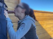 DICKFLASH public, a little redhead slut gives me a handjob and blowjob while her bf out Bigmax8inch 16/16