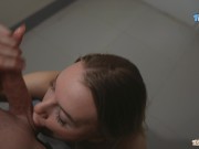 Unfaithful wife almost caught with neighbor's cum in her mouth! Blowjob in the entrance 10/16