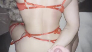 Fit Girlfriend in red lingerie gets big cumshot
