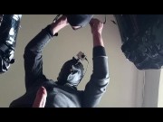 Chairtied, hooded, ballgagged and ring gagged my wife has to suck until I cum on her mouth