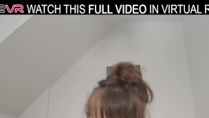 A pretty cute girl Victoria Wet in bed plays with a big dildo in VR.