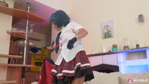 Hot naughty girl in her cosplay costume fucks herself with a glass dildo.