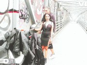 SLOW MOTION PUBLIC BIKE TRAIL COUPLE CAUGHT CAMERA MAN HELPS - Screenshot 7 of 16 - Dress