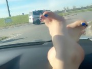 Hot blonde milf plays with her toes while driving a car 16/16
