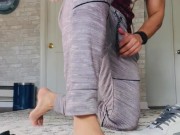 Big Dick jock gets horny after workout and stroked dick, sweaty feet and cums on Nike Airmax 5/16