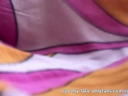 Look under my skirt at my panties-free pussy 1/16