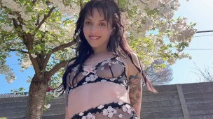 sexy petite tattooed woman | SHEER LINGERIE try on | outdoors