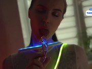 Brunette Neon Bliss: Tattooed Temptation in the Bathtub 2/16