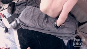Pup Jake puts his ass up on webcam, stuffs it with big toys and cums with a steel ass lock inside